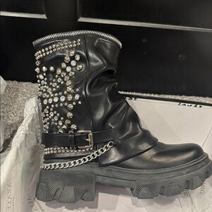 Azalea Wang Studded Black Leather Jeweled Combat Boots
